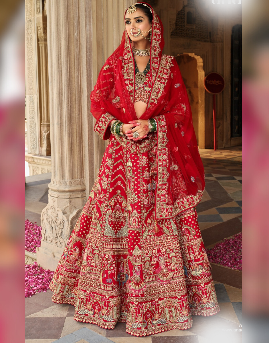 Festive Favorite Red Bridal Silk Lehenga Set with Heavy Khatli Detailing - Buy