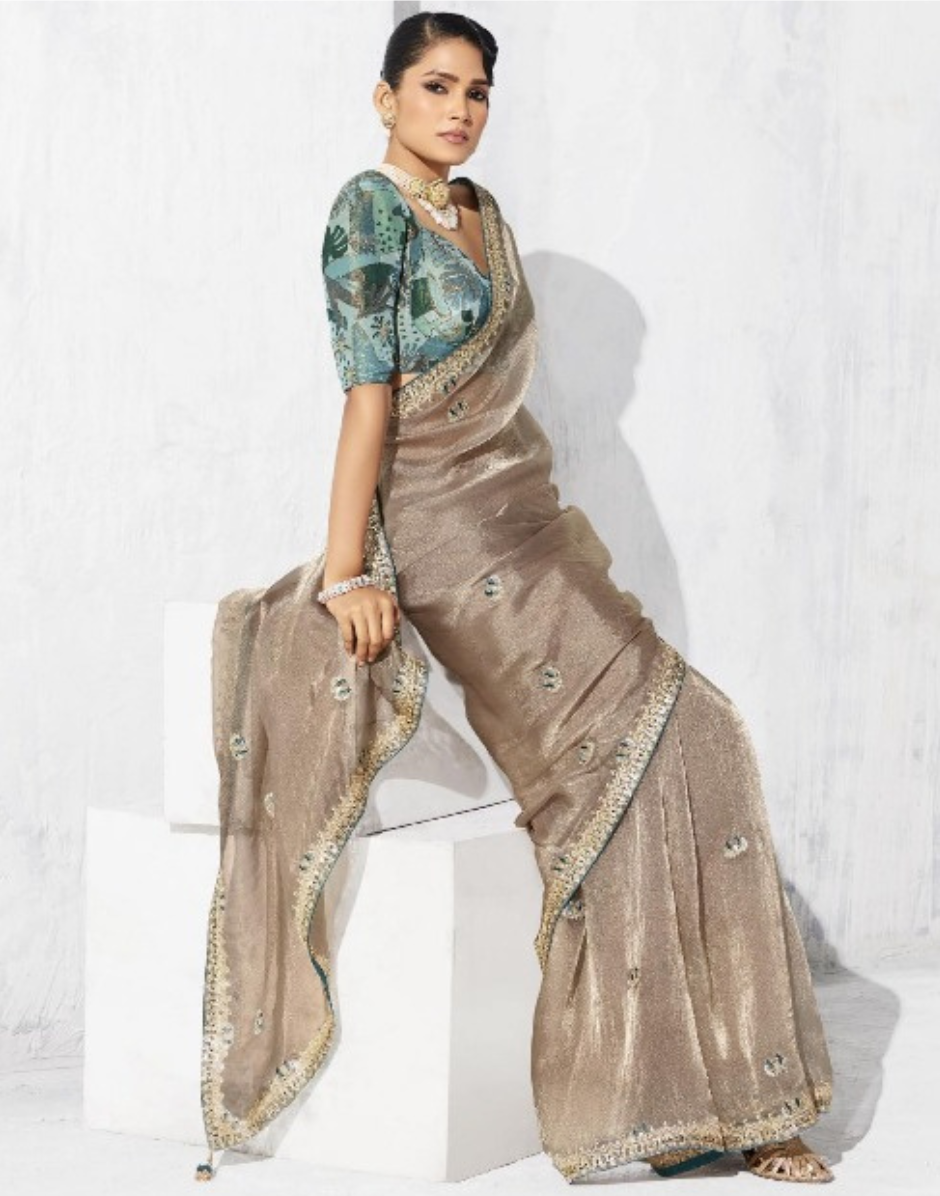 Festive Perfect Beige Embroidered Saree with Printed Blouse - Buy