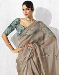 Festive Perfect Beige Embroidered Saree with Printed Blouse - Buy_2