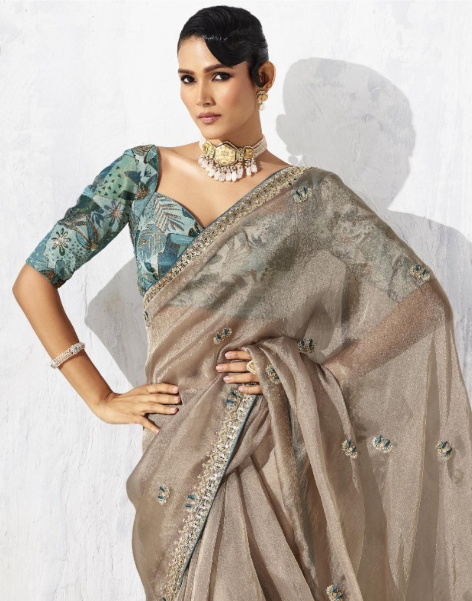 Festive Perfect Beige Embroidered Saree with Printed Blouse - Buy_2