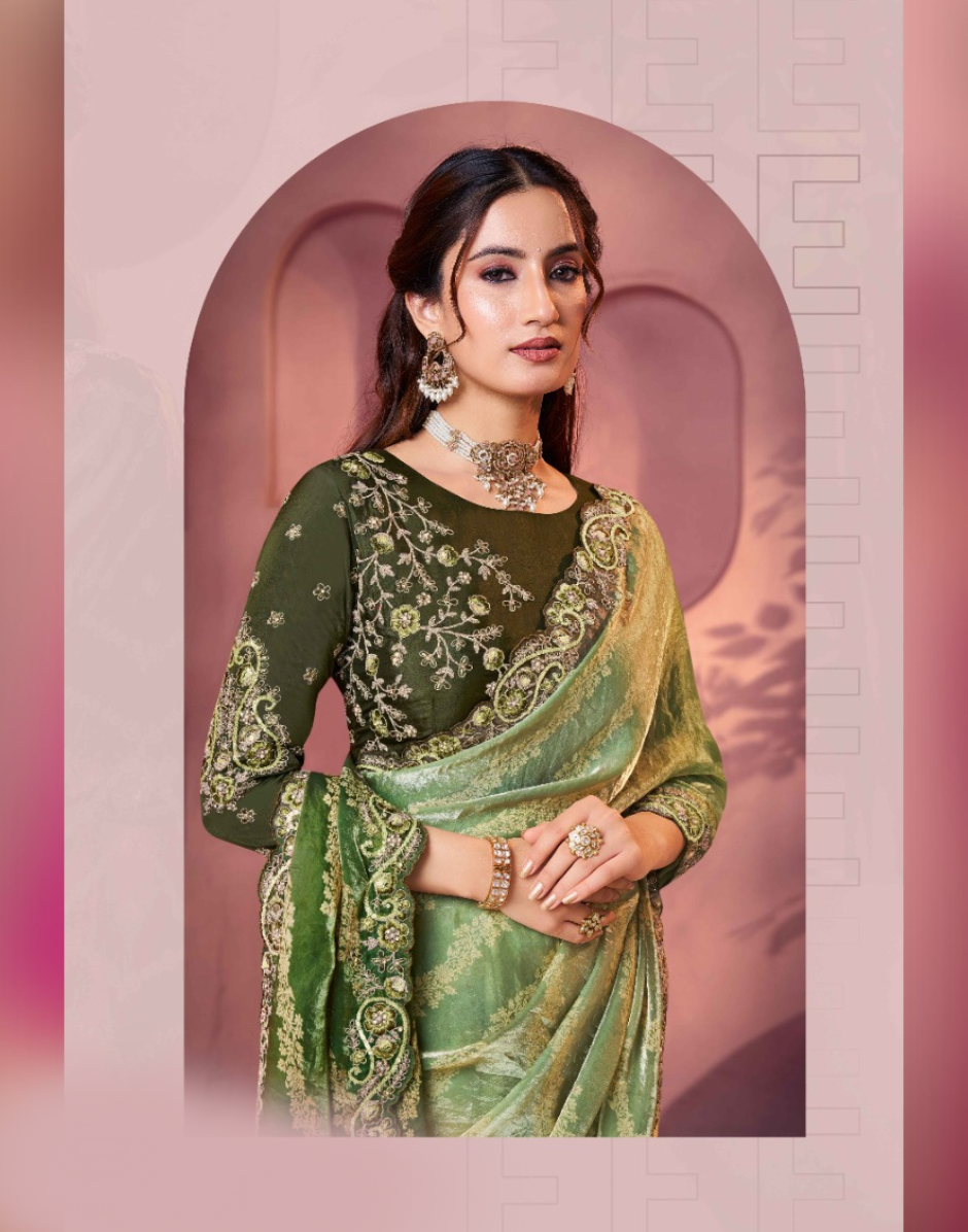 Festive Pista Green Bandhani Shaded Print Saree Embroidered & Embellished Satin Silk Saree - Buy