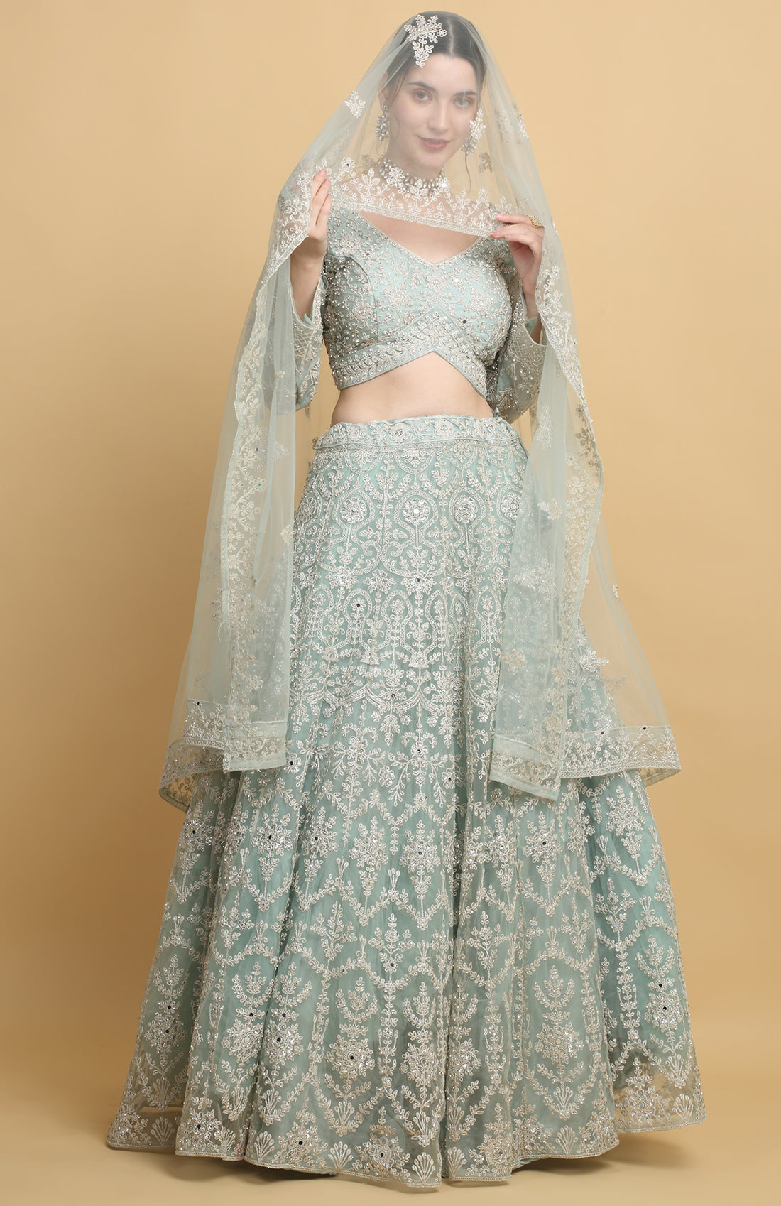 Festive Sea Green Net Floral Round Bridal Lehenga Set  - Rent