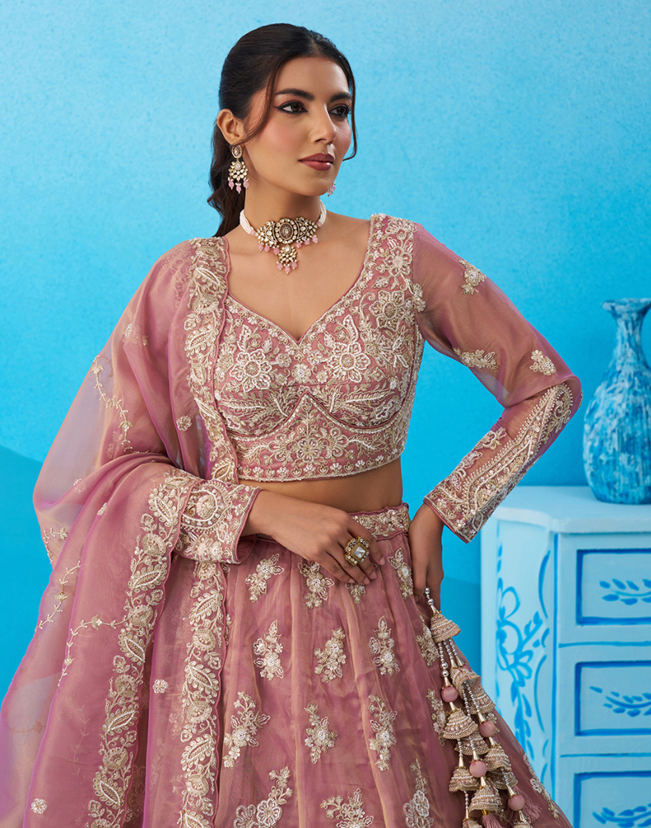 Festive Tissue Embroidered Lehenga Choli Set with Beads & Sequins_2