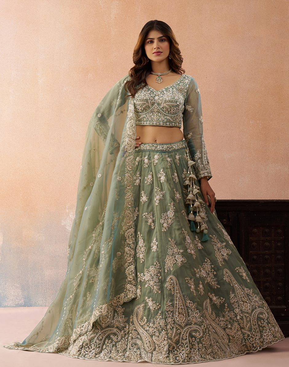 Festive Tissue Embroidered Lehenga Choli Set with Beads & Sequins_4