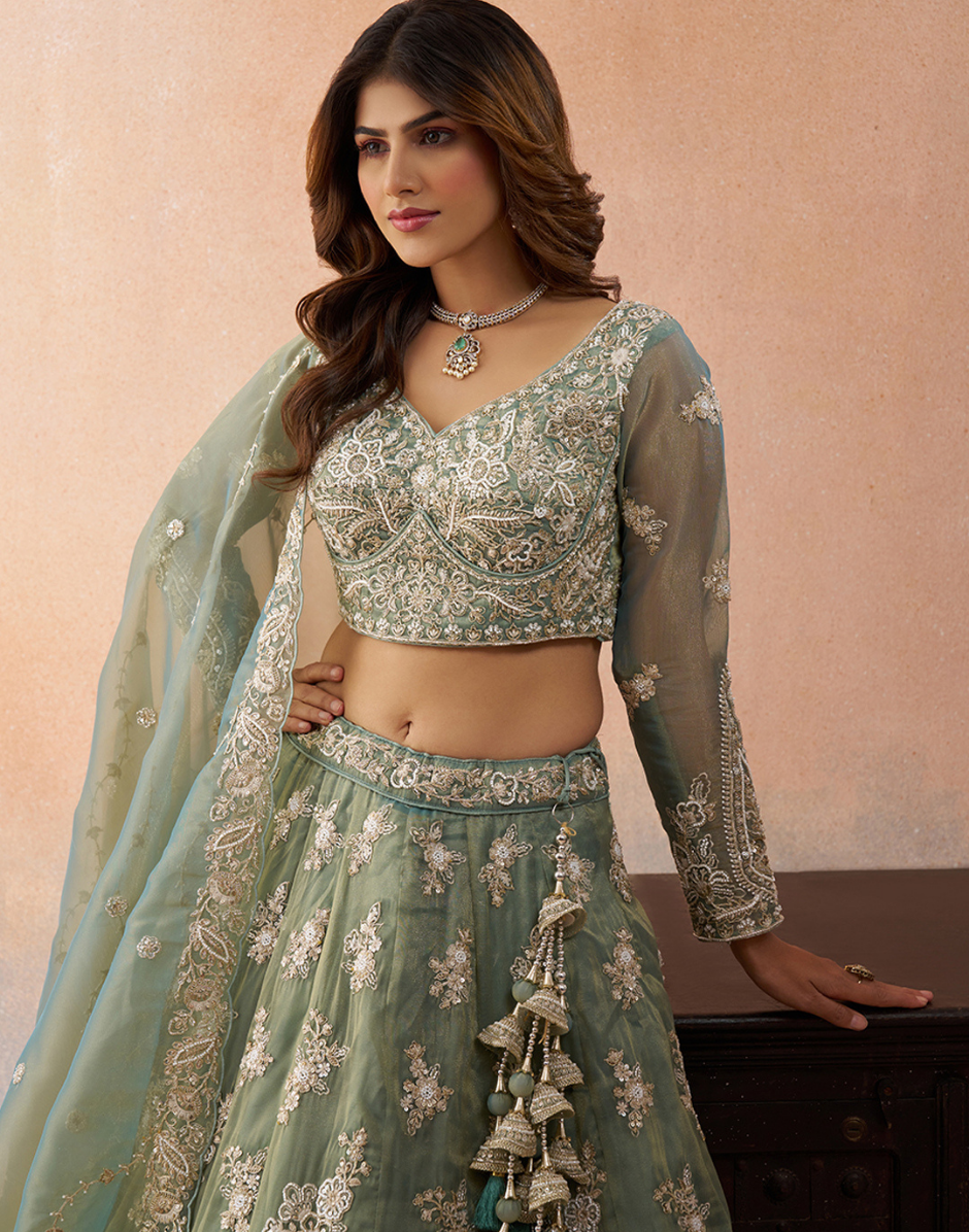 Festive Tissue Embroidered Lehenga Choli Set with Beads & Sequins_5