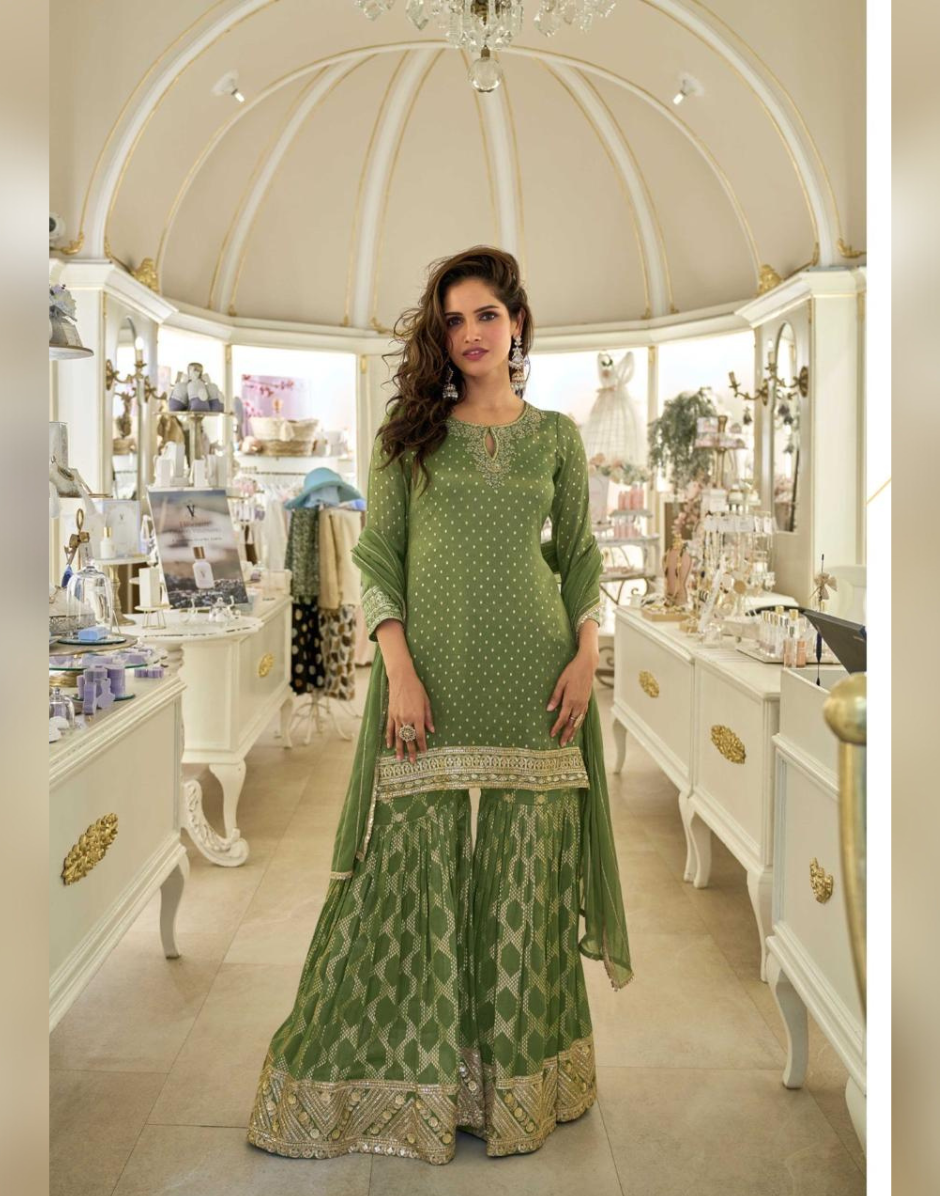 Festive Wear Mehendi Green Viscos Simar Silk Ensemble Heavy Embroidered Top with Matching Dupatta & Bottom