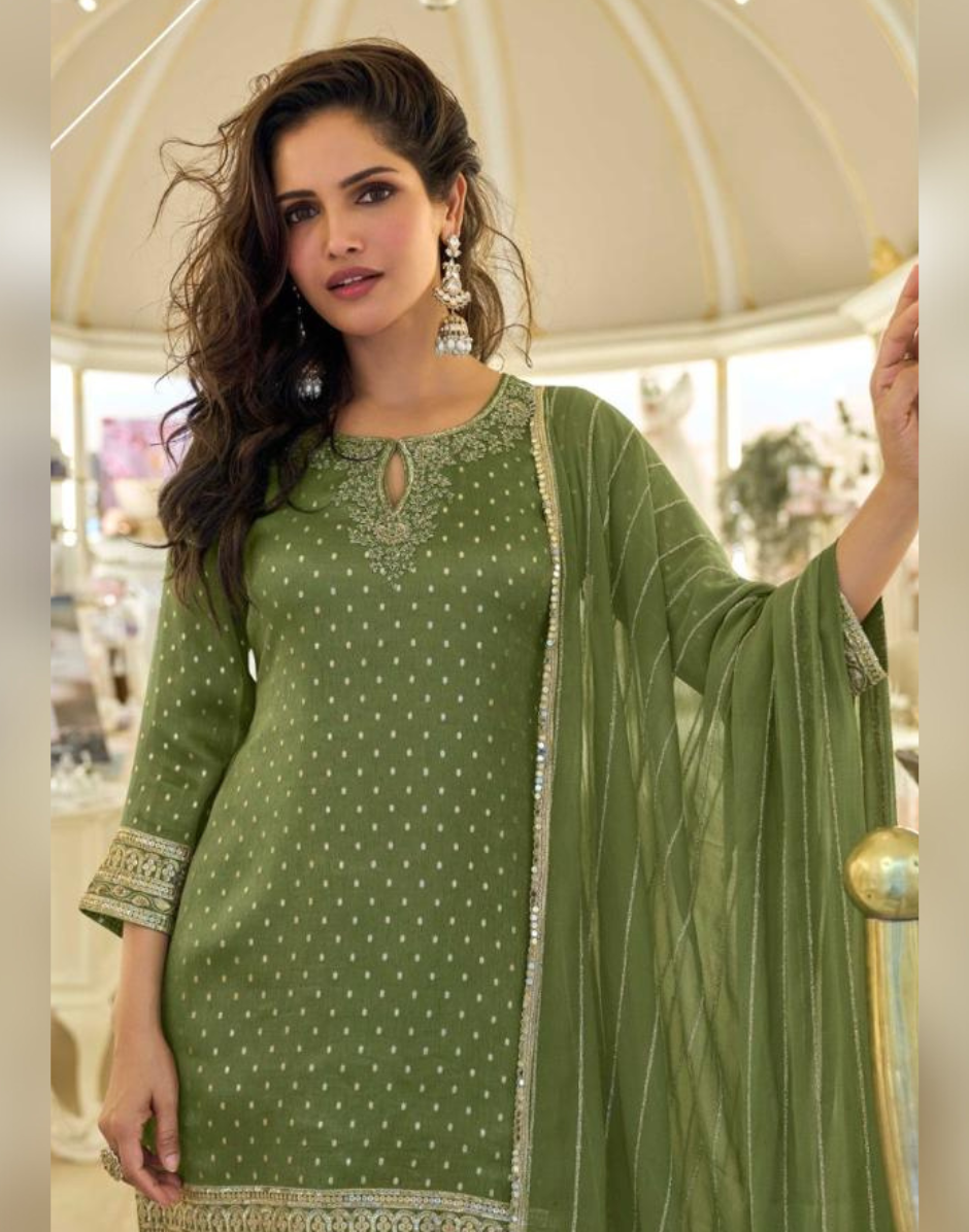 Festive Wear Mehendi Green Viscos Simar Silk Ensemble Heavy Embroidered Top with Matching Dupatta & Bottom