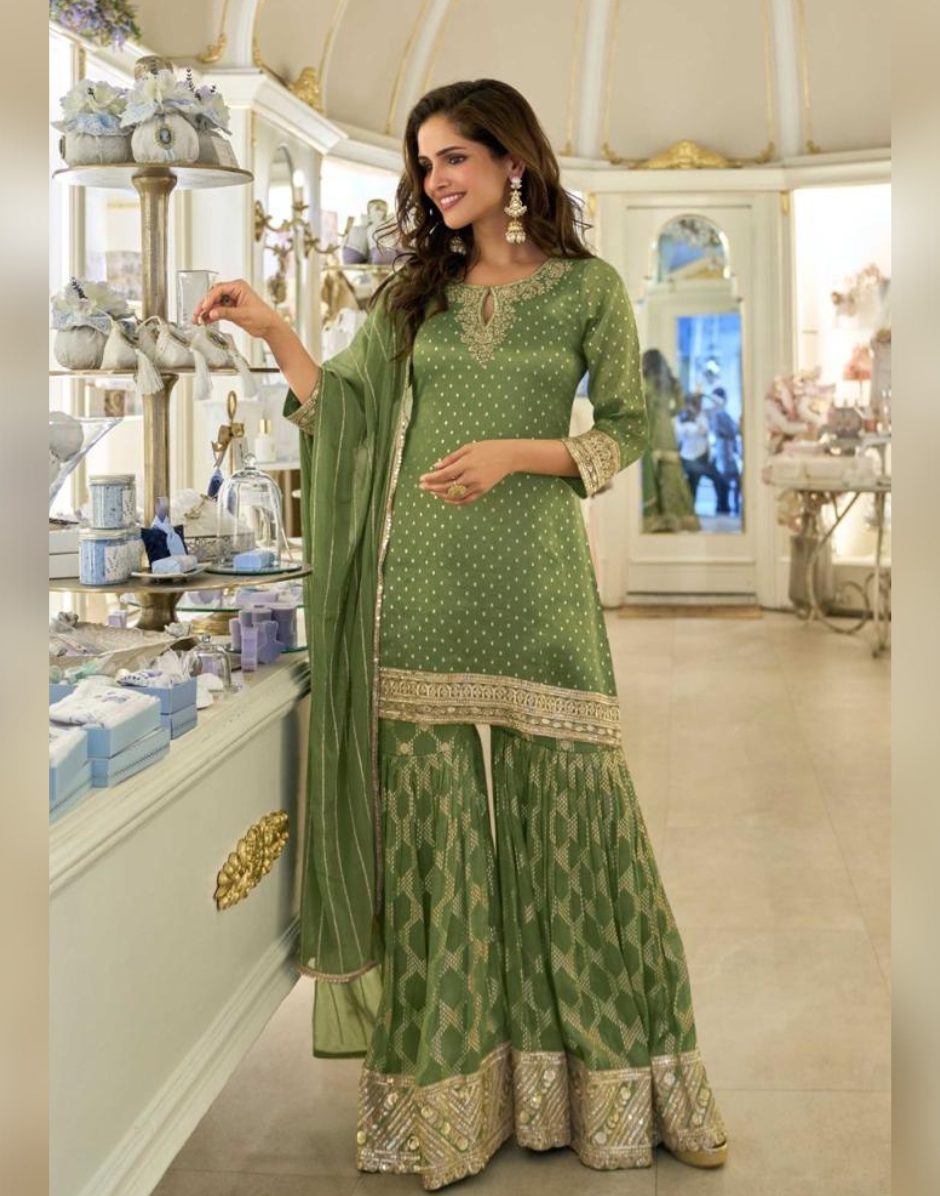Festive Wear Mehendi Green Viscose Simar Silk Ensemble Heavy Embroidered Top with Matching Dupatta & Bottom Mehendi Green / S / 15 Days Festive Wear Mehendi Green Viscose Simar Silk Ensemble Heavy Embroidered Top with Matching Dupatta & Bottom Mehendi Green / S / 15 Days