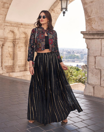 Floral Embroidered Blouse Jacket with Viscose Chinon Silk Skirt
