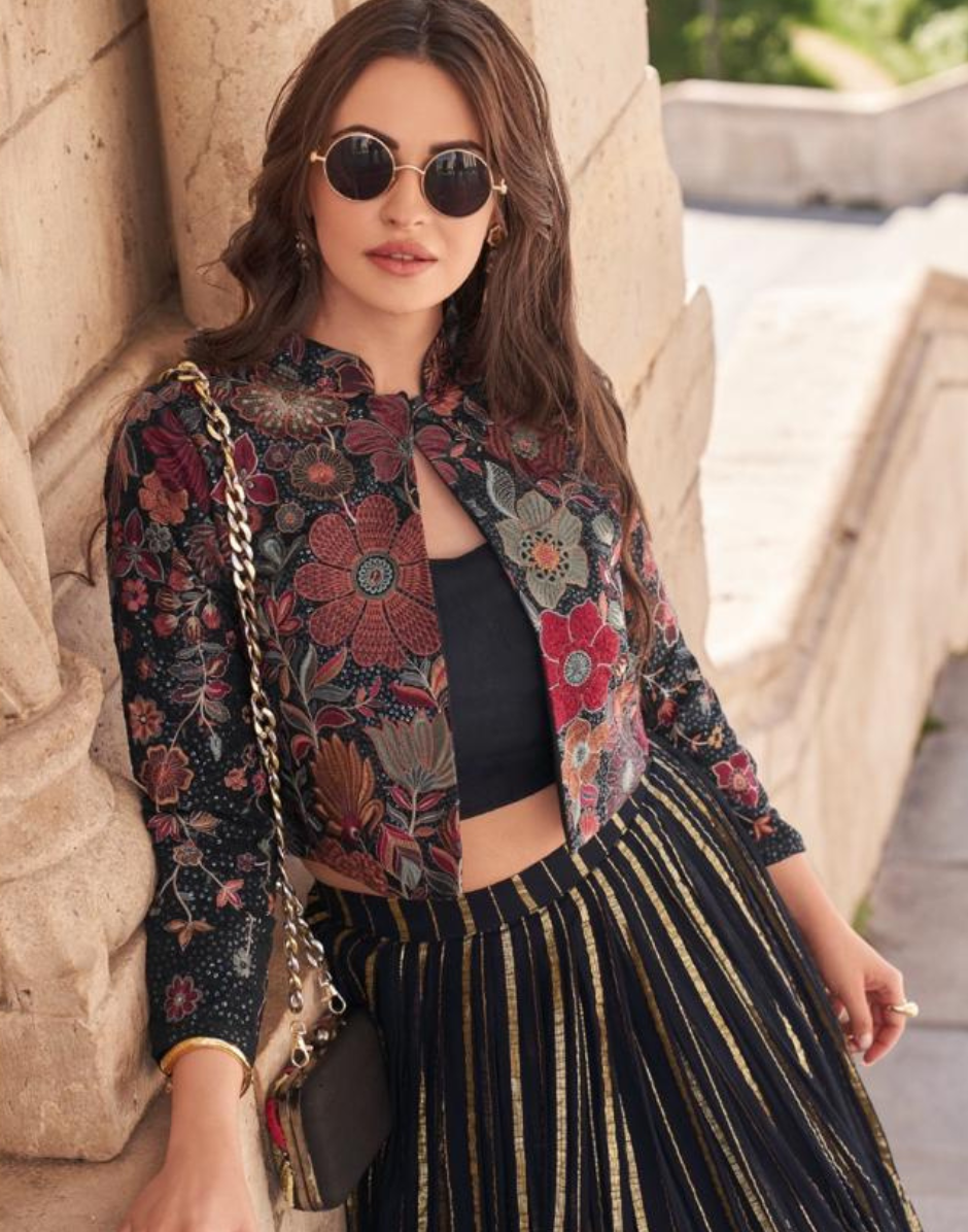 Floral Embroidered Blouse Jacket with Viscose Chinon Silk Skirt