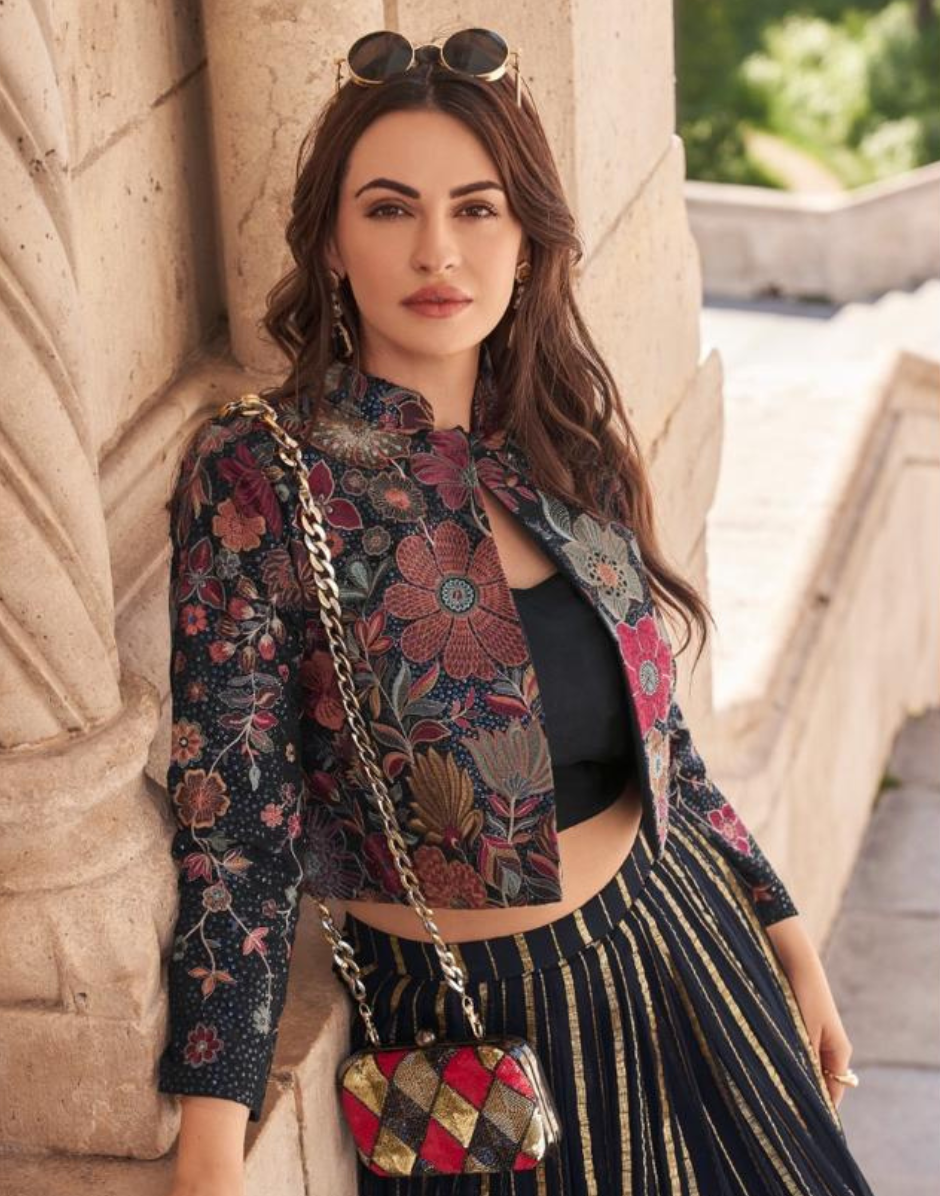 Floral Embroidered Blouse Jacket with Viscose Chinon Silk Skirt