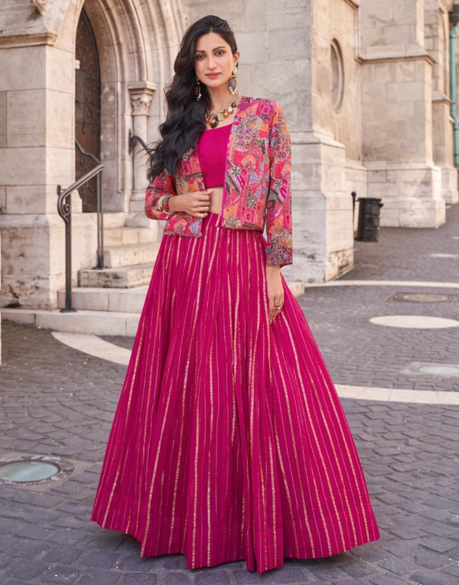 Floral Embroidered Blouse Jacket with Viscose Chinon Silk Skirt