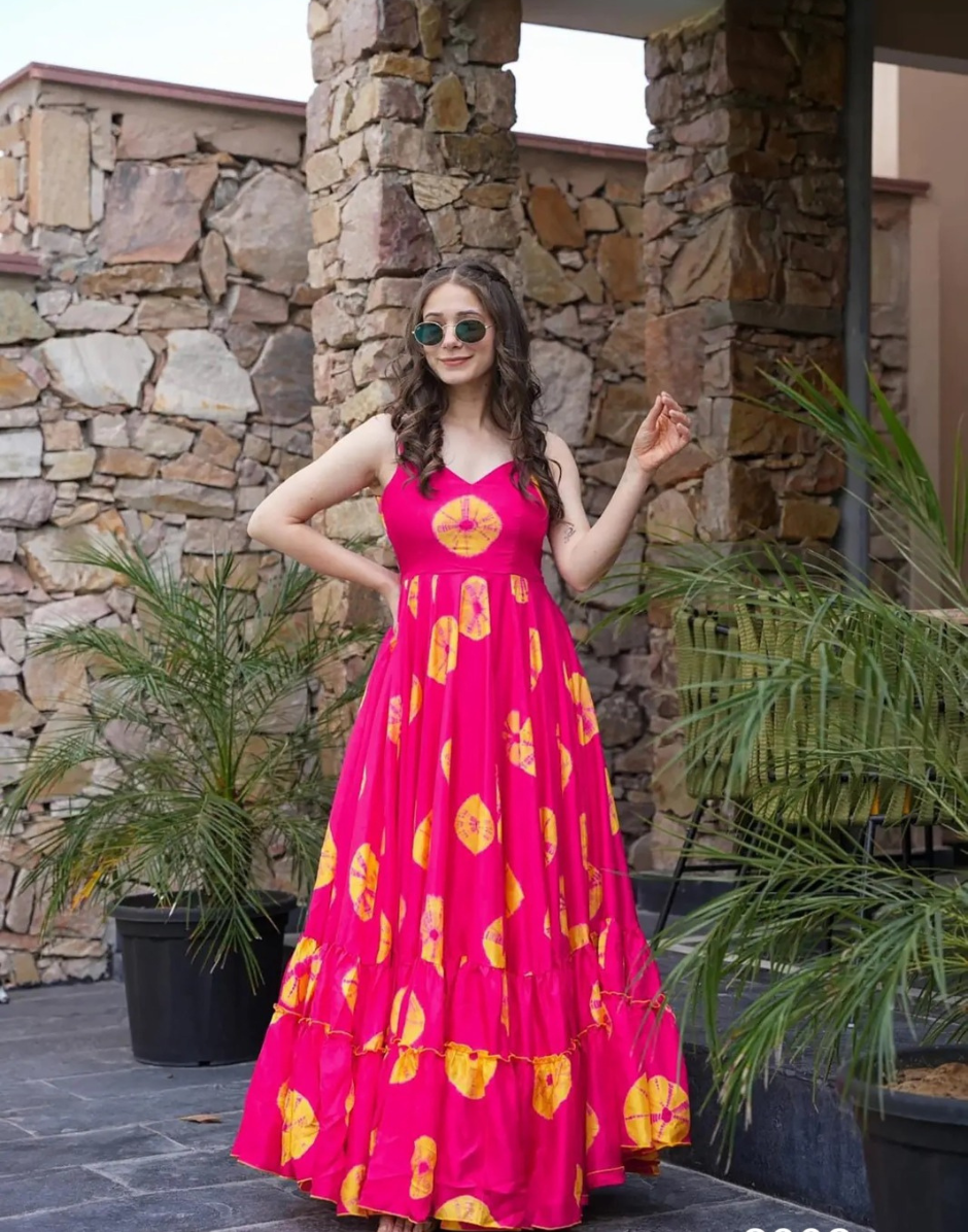 Floral Flair Pink Digital Print Rayon Gown with Ethnic Charm