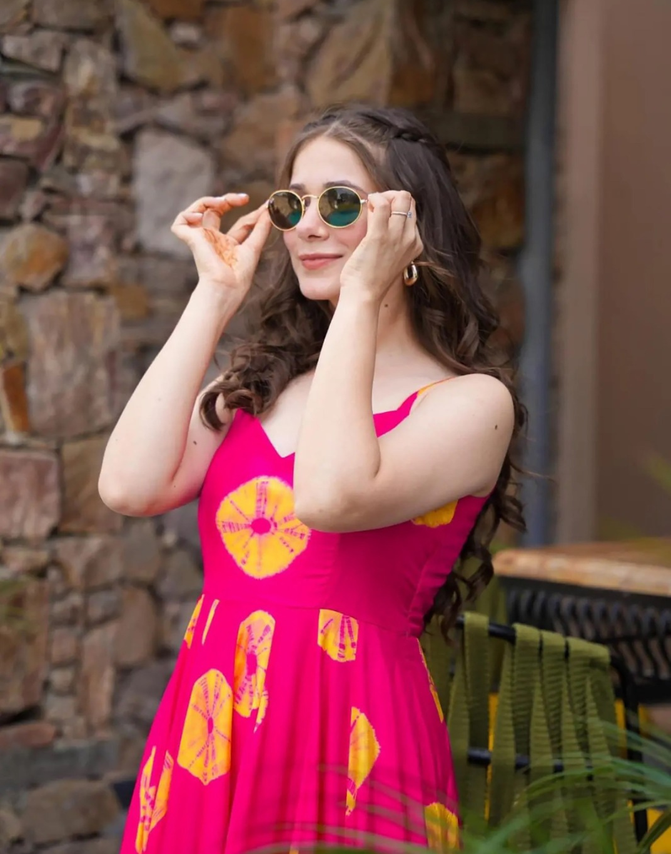 Floral Flair Pink Digital Print Rayon Gown with Ethnic Charm