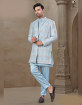 Floral Jacquard Silk Men’s Kurta Set in Sky Blue Wedding & Festive Outfit