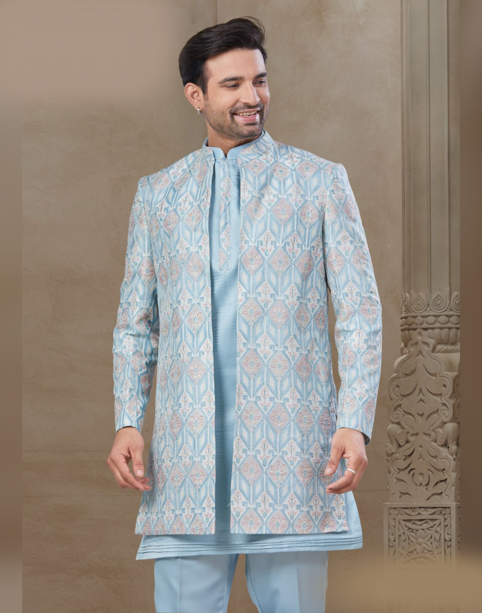 Floral Jacquard Silk Men’s Kurta Set in Sky Blue Wedding & Festive Outfit_1