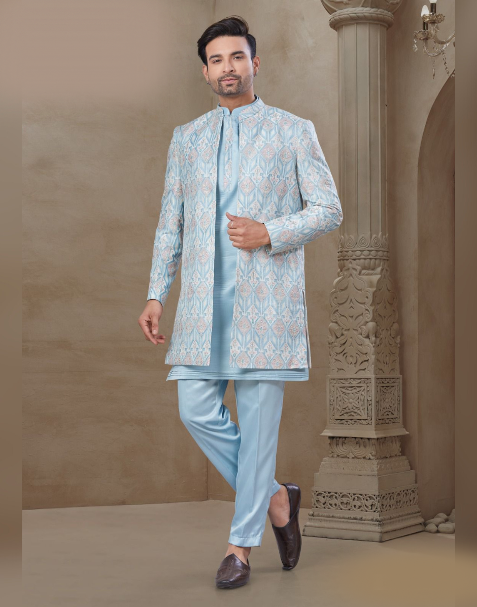 Floral Jacquard Silk Men’s Kurta Set in Sky Blue Wedding & Festive Outfit_2