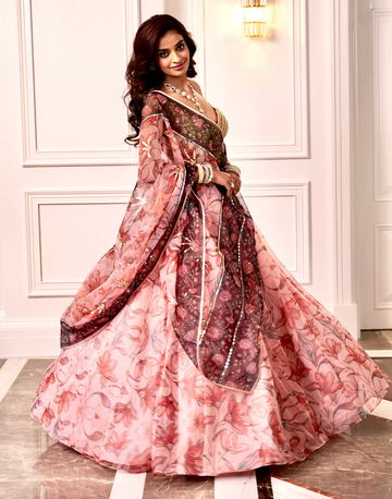 Floral Organza Lehenga Set with Peach Hand-Embroidered Blouse & Dupatta Light & Elegant Festive Wear