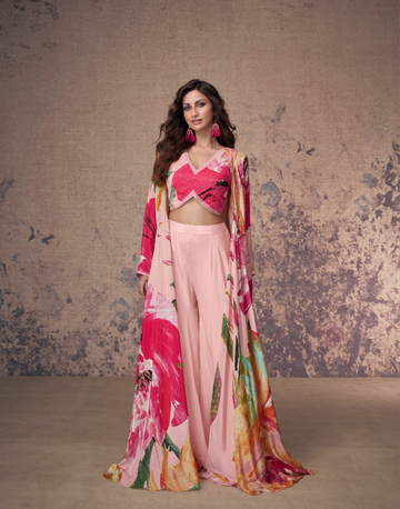Floral Print French Crepe Silk 3pcs Set Embroidered Top, Palazzo & Jacket for Elegant Style
