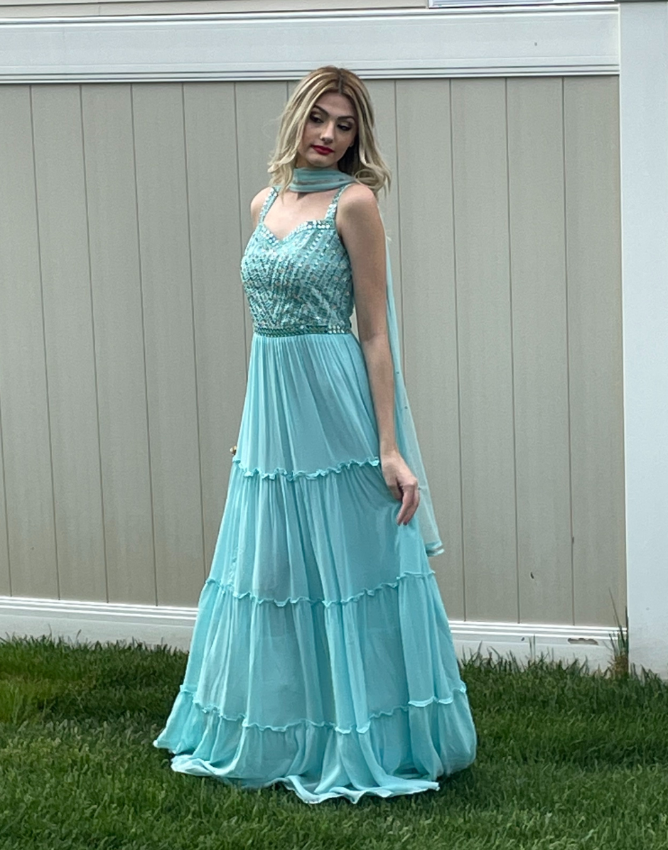 Flowy Blue Multi-Layered Gown Set with Dupatta Festive & Flattering Flowy Blue Multi-Layered Gown Set with Dupatta Festive & Flattering