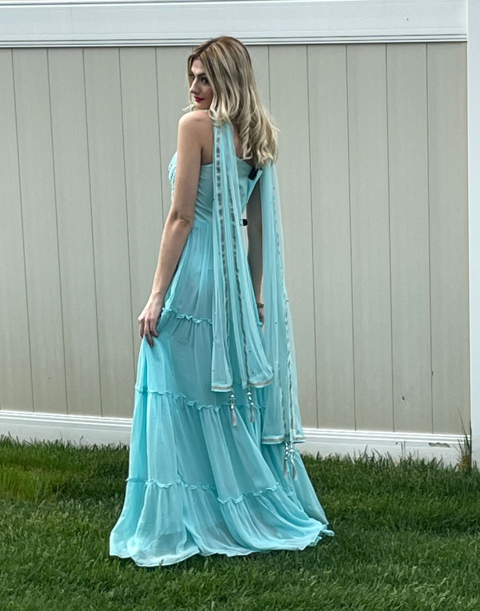 Flowy Blue Multi-Layered Gown Set with Dupatta Festive & Flattering_1