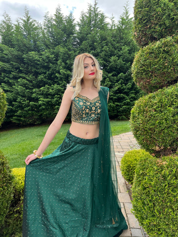 Forest Green Lehenga Choli with Gold Embroidery - Rent