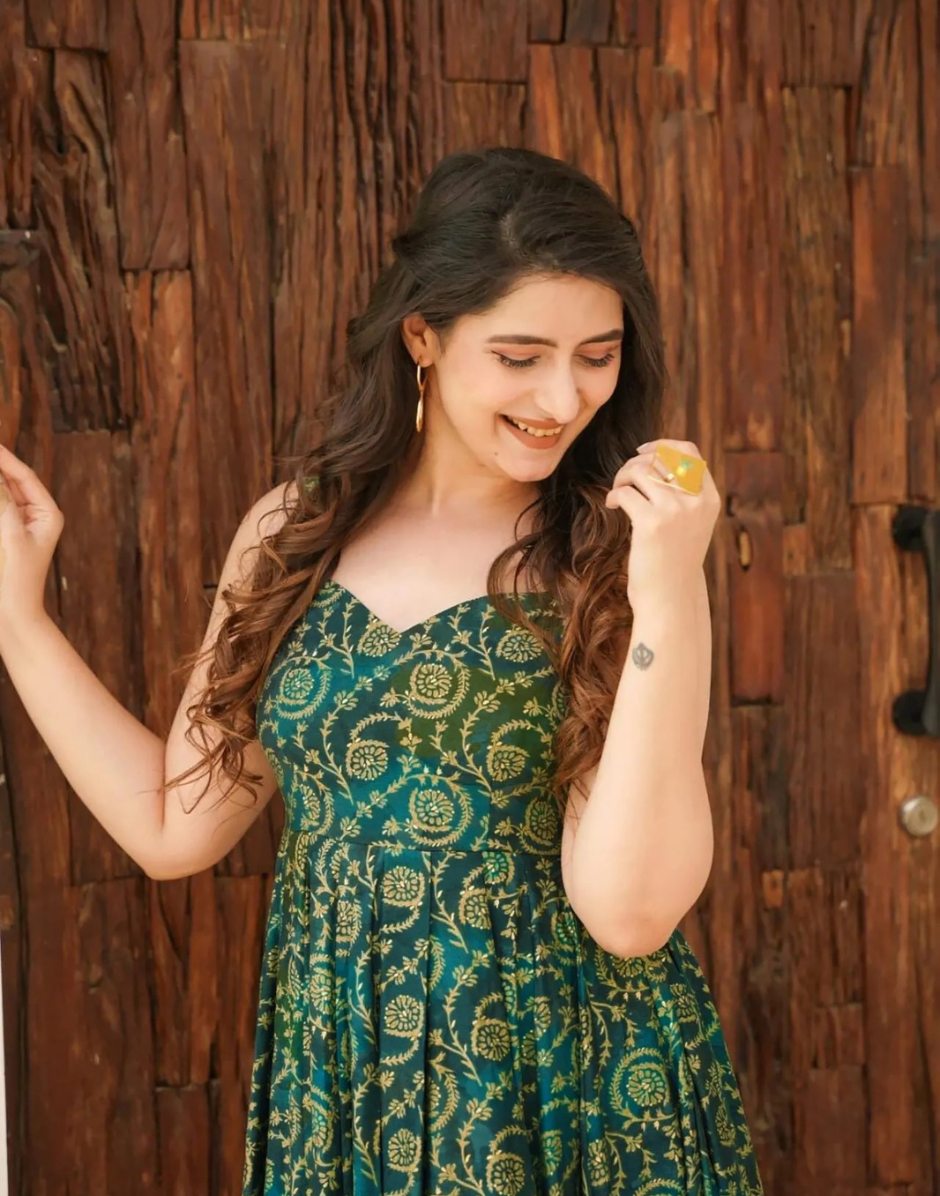 Fresh & Flowing Fully Flared Green Rayon Gown with Artistic Digital Pr