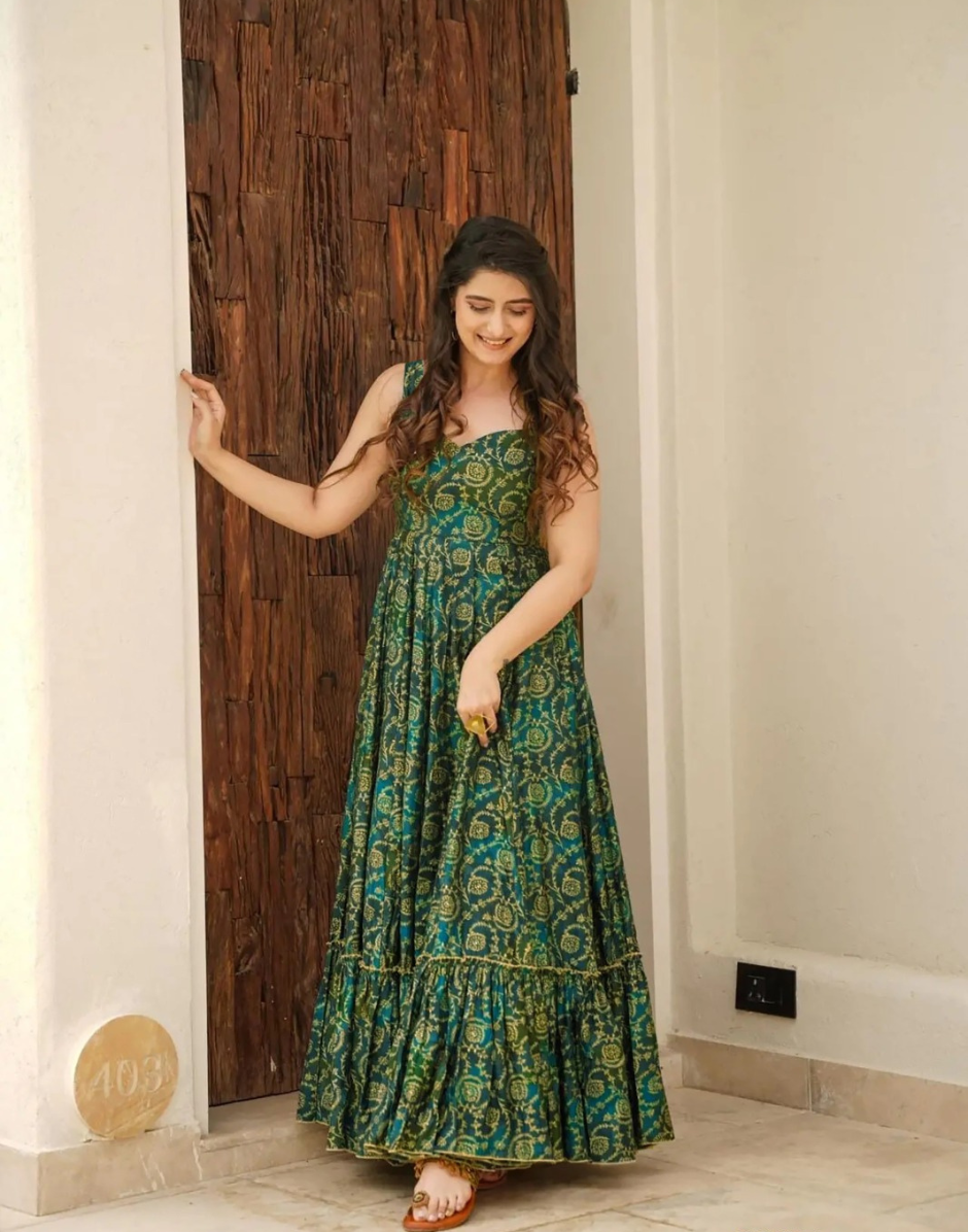 Fresh & Flowing Fully Flared Green Rayon Gown with Artistic Digital Prints_2