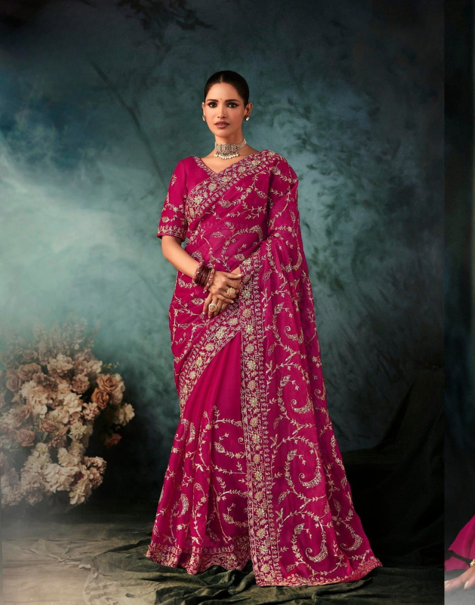 Fuchsia Elegance Fancy Saree Dark Pink Fabric with Intricate Aari and Handwork Motifs - Buy