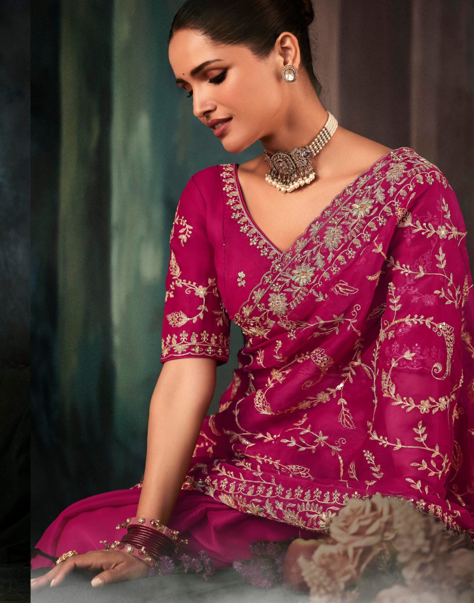 Fuchsia Elegance Fancy Saree Dark Pink Fabric with Intricate Aari and Handwork Motifs - Buy_1
