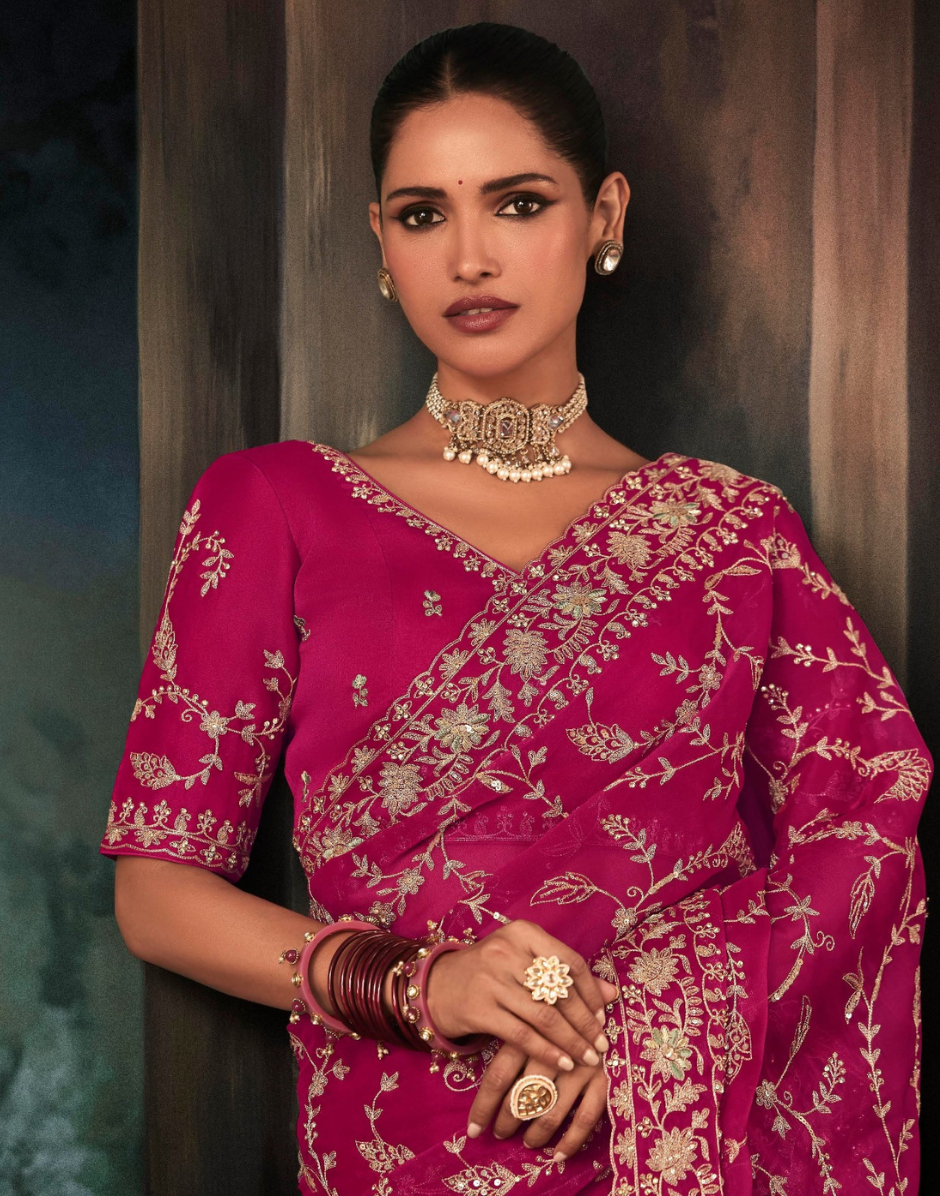 Fuchsia Elegance Fancy Saree Dark Pink Fabric with Intricate Aari and Handwork Motifs - Buy_2