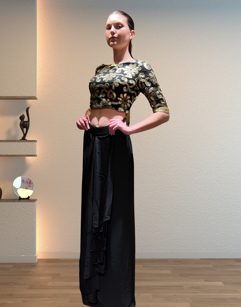 Fusion Fashion Black Embroidered Top Paired with Stylish Dhoti Bottom