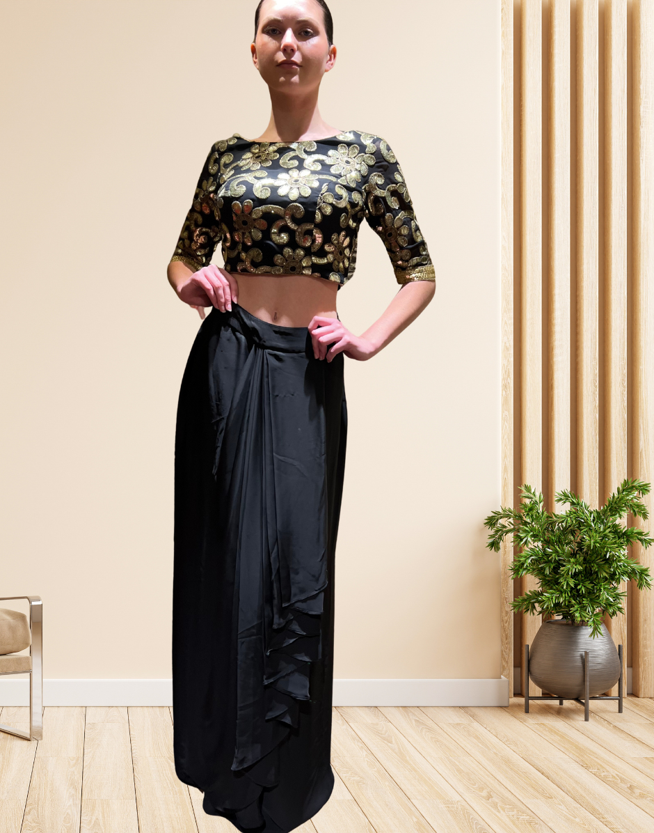 Fusion Fashion Black Embroidered Top Paired with Stylish Dhoti Bottom_1