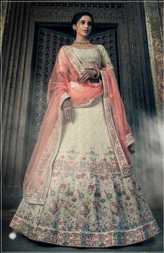 Off-white and Pink Color Art Silk Lehenga - Clearance