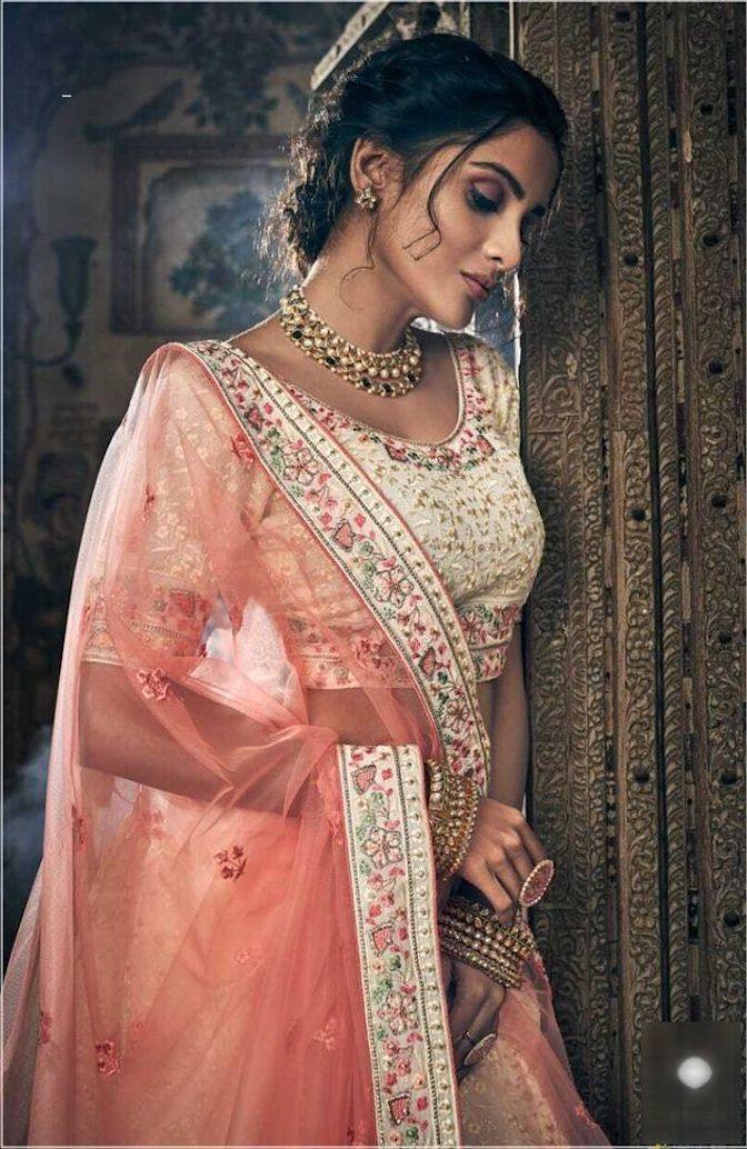Off-white and Pink Color Art Silk Lehenga - Clearance