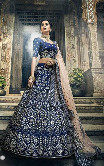 Rent Navy Blue Embroidered Heavy Lehenga Choli-Women-Glamourental