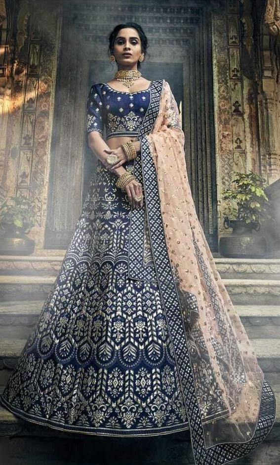 Rent Navy Blue Embroidered Heavy Lehenga Choli-Women-Glamourental