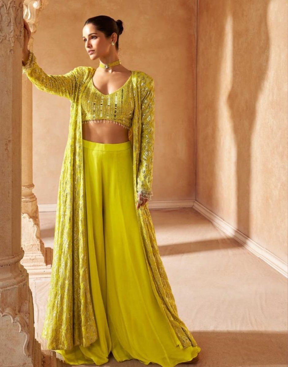 Georgette 3pcs Set Front & Back Embroidered Top, Palazzo & Jacket for a Stunning Look