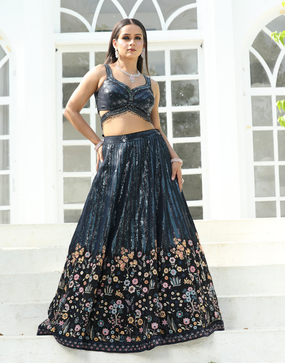 Glamorous Black Lehenga Choli with Floral Sequin Embroidery & Dupatta