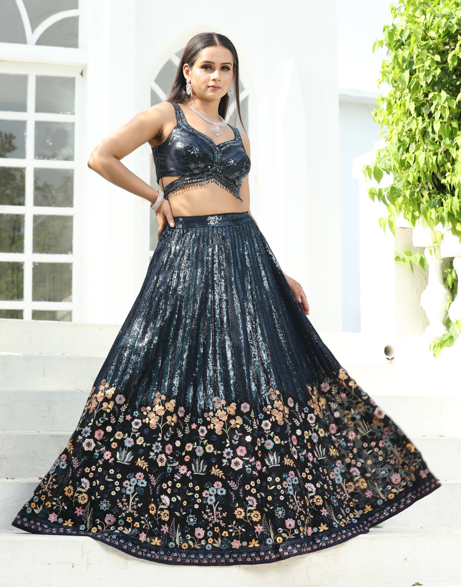 Glamorous Black Lehenga Choli with Floral Sequin Embroidery & Dupatta_2