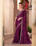 Glamorous Fine Wine Satin Chiffon Saree & Satin Embroidered Blouse - Buy