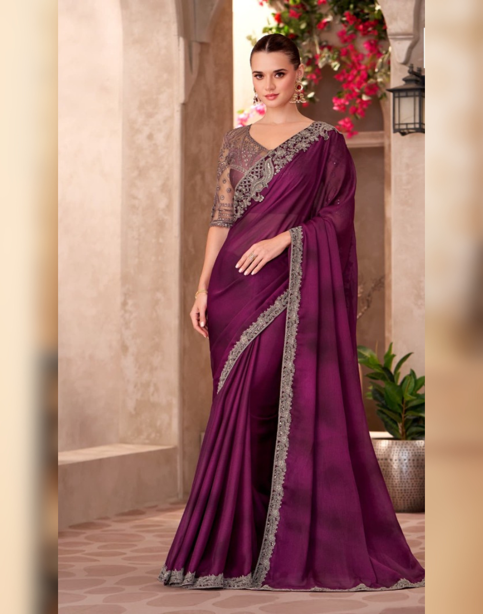 Glamorous Fine Wine Satin Chiffon Saree & Satin Embroidered Blouse - Buy
