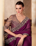 Glamorous Fine Wine Satin Chiffon Saree & Satin Embroidered Blouse - Buy_1
