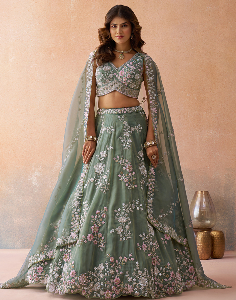 Glamorous Green Tissue Beads & Sequins Work Lehenga for Wedding & Party Wear