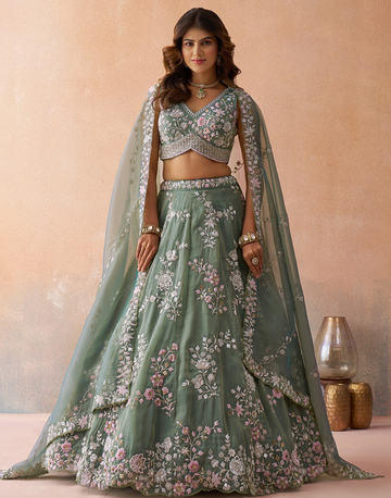 Glamorous Green Tissue Beads & Sequins Work Lehenga for Wedding & Party Wear