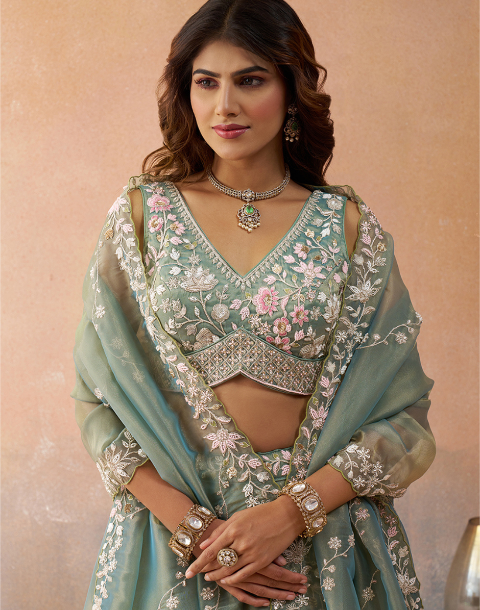 Glamorous Green Tissue Beads & Sequins Work Lehenga for Wedding & Party Wear_3