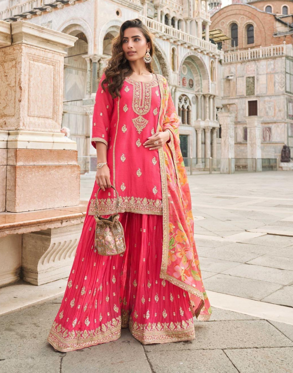 Glamorous Pink Silk Sharara Set Embroidered Top with Dupatta for Elegant Ethnic Look - Buy