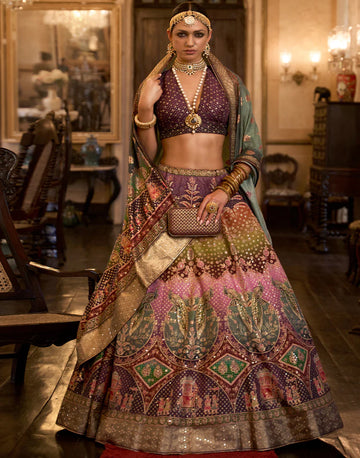 Glamorous Purple Pink Designer Lehenga in Silk with Aari Mirror & Sparkle Detailing