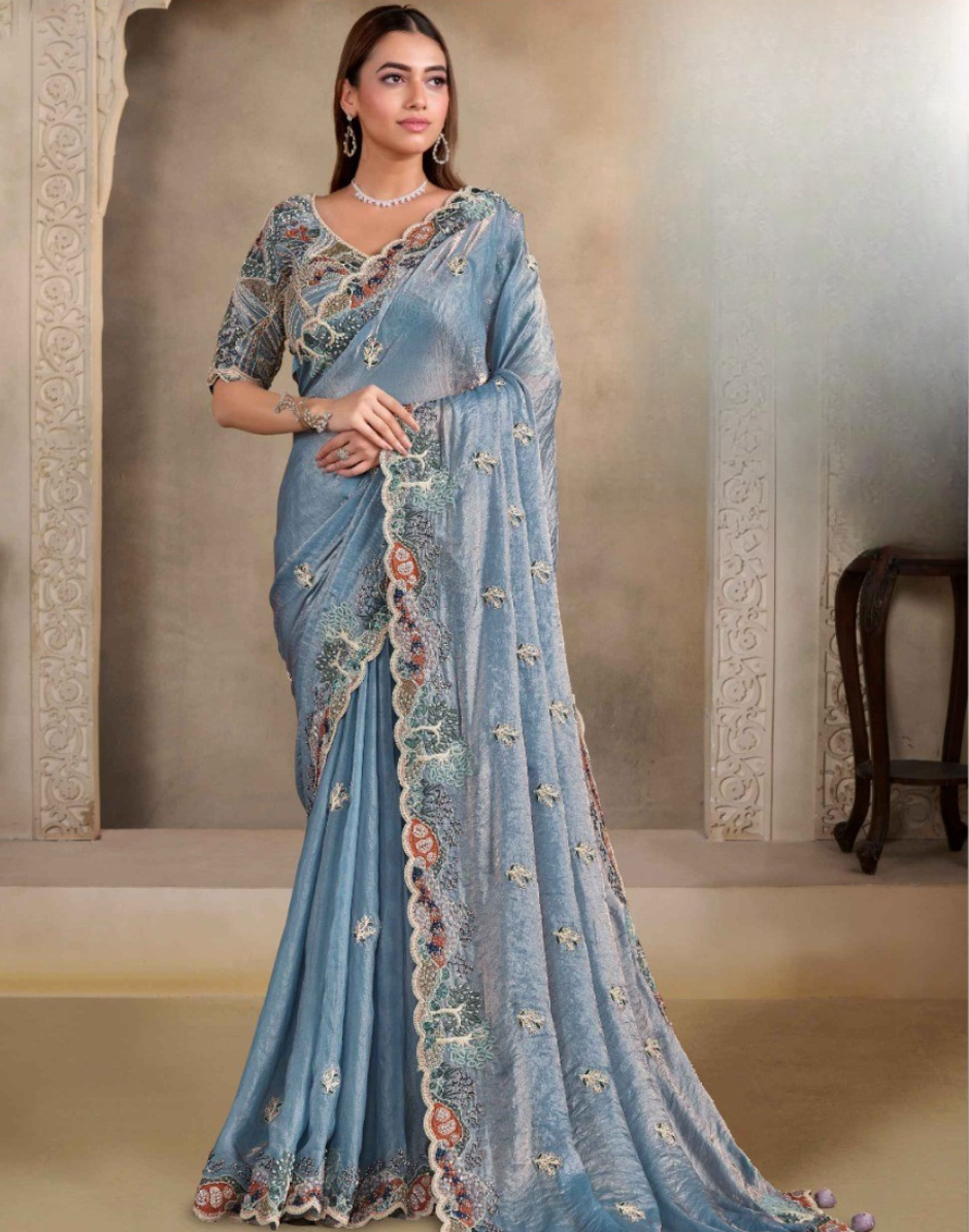 Glamorous Two-Tone Bluish Grey Satin Saree with Sequin, Pearl & Thread Hand Embroidery Blouse - Buy