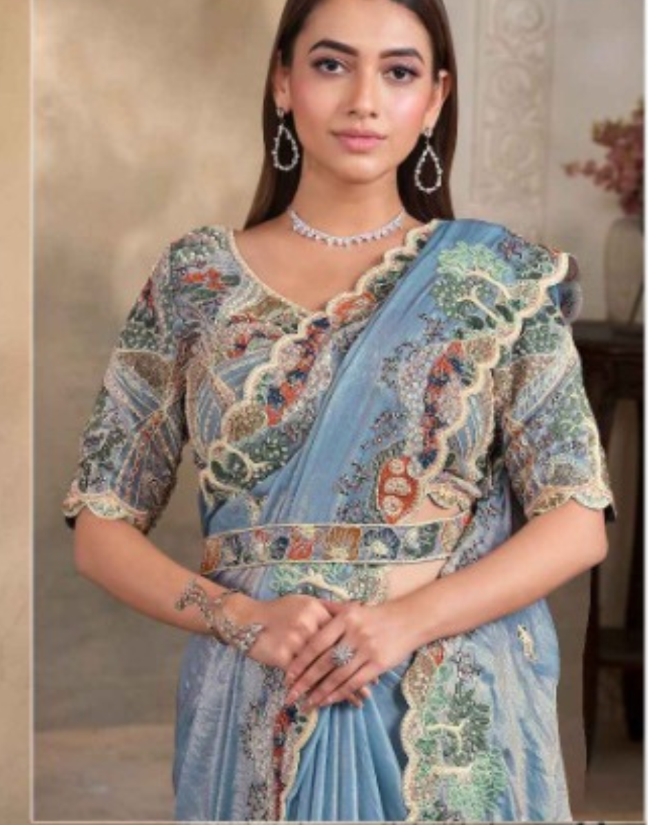Glamorous Two-Tone Bluish Grey Satin Saree with Sequin, Pearl & Thread Hand Embroidery Blouse - Buy_1